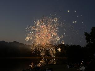 Fireworks light up the sky over Bryan Park during the annual Fourth of July show in 2025. (Elizabeth Kim/The Oglethorpe Echo)