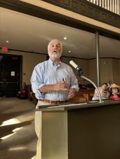 Steve Ledford, the treasurer of MOAS, explains the shelter's financial situation at the Board of Commissioners meeting on Monday night. The commissioners voted to give $13,000 to MOAS. (Andy Johnston/The Oglethorpe Echo)