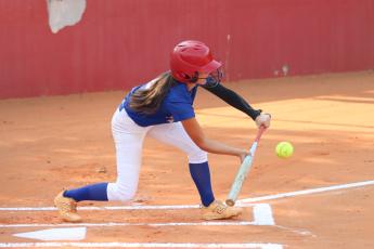 Senior Khloe Eidson bunts the ball at Clarke Central High School for Oglethorpe County High School on Wednesday, Sept. 2, 2026. Eidson plays shortstop for the Patriots and is their starting hitter. (Photo/Sydney Jarrard)