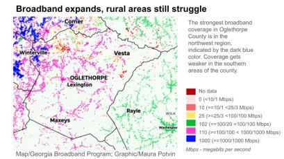 The strongest broadband coverage in Oglethorpe County is in the northwest region, indicated by the dark blue color. Coverage gets weaker in the southern areas of the county. (Graphic/Maura Potvin)