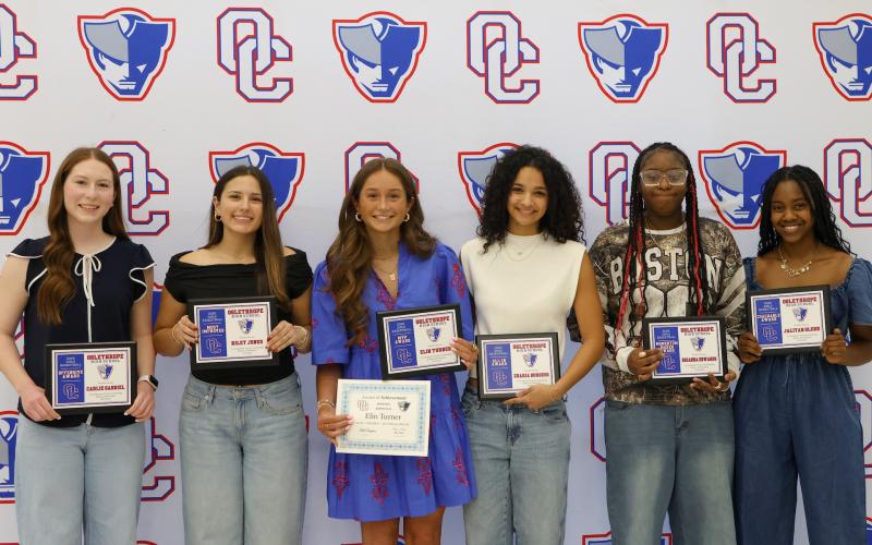 The OCHS girls basketball award winners (from left): Carlie Gabriel (Offensive Award), Riley Jones (Most Improved), Elin Turner (MVP Award), Zharia Burgess (All-in Award), Brianna Edwards (Momentum Maker Award) and Jaliyah Glenn (Coachable Award). (Addison Simmons/The Oglethorpe Echo)