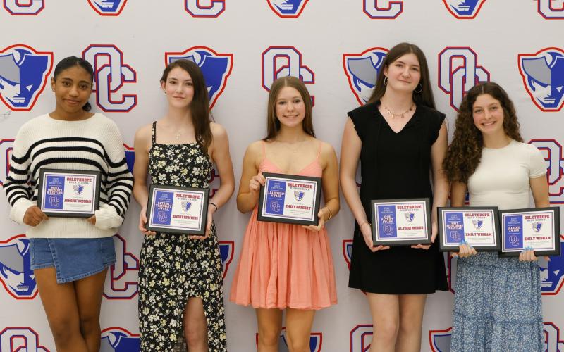 The OCHS girls wrestling award winners (from left): Armonie’ Gresham (Most Improved Wrestler), Brooklyn Myers (Patriot Teammate Award), Emily Gregory (Leadership Award), Alyson Woods (Iron Patriot Award) and Emily Wisham (Most Outstanding Wrestler and Academic Award). (Addison Simmons/The Oglethorpe Echo)