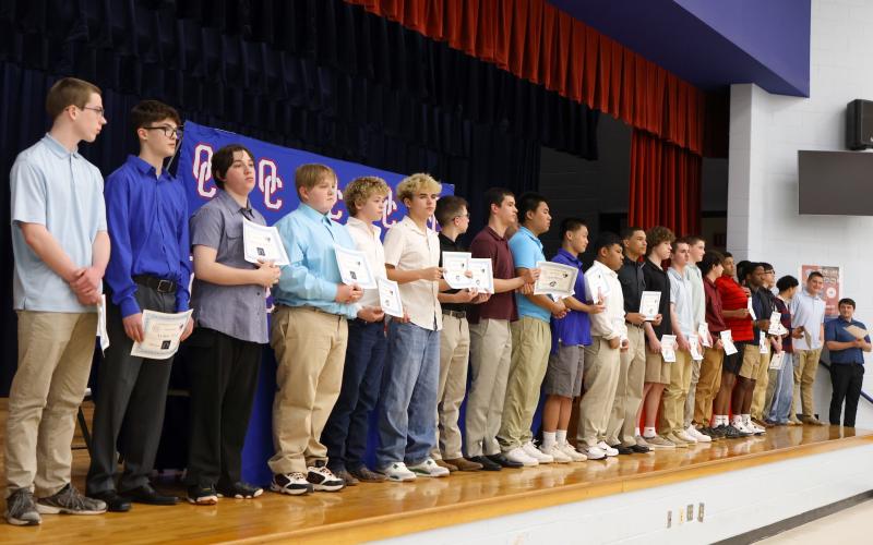 Oglethorpe County High School boys wrestling team receives recognition at the OCHS winter sports ceremony on March 5, 2026. (Addison Simmons/The Oglethorpe Echo)