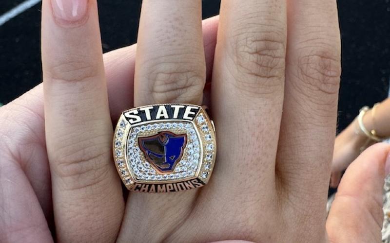 Here’s a closeup of one of the rings presented to the OCHS volleyball players on Tuesday. They feature the team’s 32-8 record on one side and individual player’s jersey number and volleyball on the other side. (Submitted Photo)