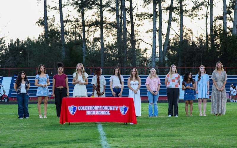 Members of the OCHS volleyball team include (from left): Ana Vu, Naomi McPeake, Alexis Fleming, Leanna Newton, Mirakle Merritt, Abby Gabriel, Nora Turner, Haley Matthews, Ansley Paul, Aryana Knight, Carlie Gabriel and Elizabeth Cook. (Sydney Shankman/The Oglethorpe Echo)
