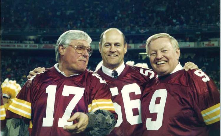 Len Hauss, center, enjoyed a reunion with his former quarterbacks Billy Kilmer, left, and Sonny Jurgensen at the last Redskins' game at Washington's RFK Stadium in 1996. Both quarterbacks attended Monday's memorial service for Hauss. Kilmer delivered a eulogy regaling their years in the NFL and fishing with Hauss on the Altamaha River. (Submitted Photo)