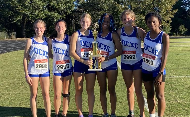 Sarah Taft (from left), Harper Palmer, Lizzie Wadsworth, Sydnie Henderson, Abby Cabaniss and Nadia Henderson led the Oglethorpe County girls cross country team to its second consecutive Region 4-AA championship. Wadsworth was the individual winner with a time of 21:14. (Submitted Photo)