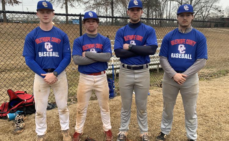 Landon Eberhart (from left), Logan Turner, Russell Smith and Jonathan Cronic are among eight seniors on this year’s Oglethorpe County baseball team. (Meredith Boyd/The Oglethorpe Echo)