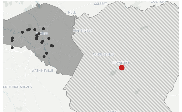 This map compares the number of mental health services in Oglethorpe County to the number of services found in Athens-Clarke County. (Aly Hertzog/The Oglethorpe Echo)