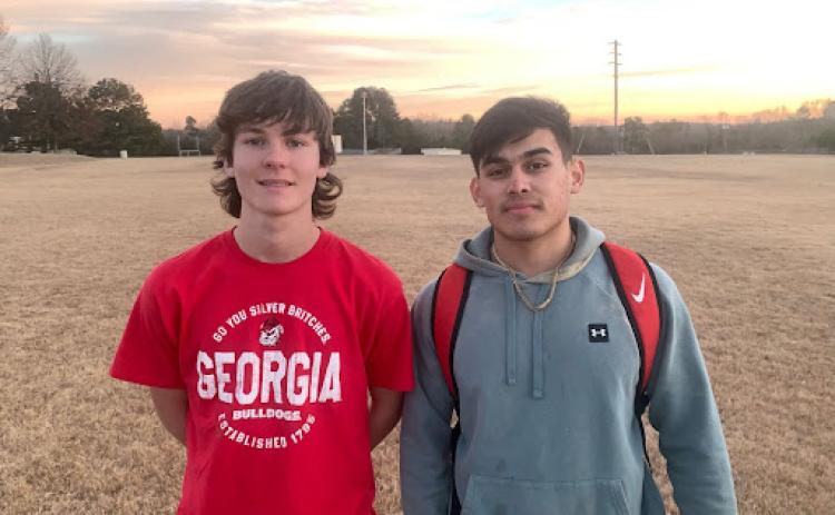 From left to right, freshman striker Hudson Stepp and senior goalkeeper Christian Palma. Photo taken after practice before their first Home match against Athens Christian Academy.  (Kaylah House/ The Oglethorpe Echo)