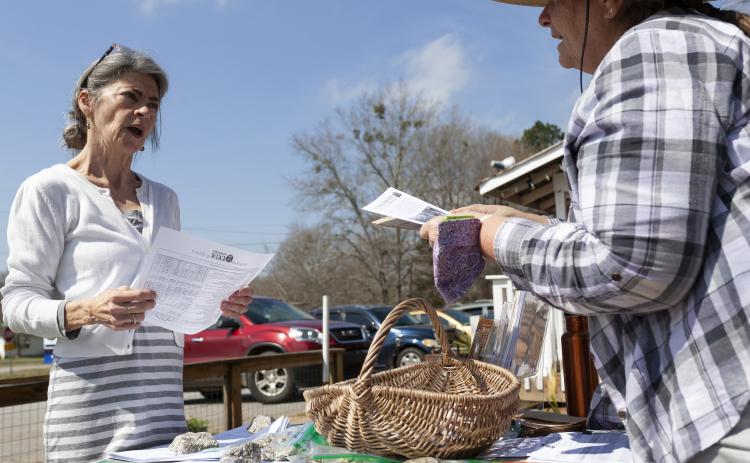 Dee Dee Hice (left), asks questions of UGA Extension master gardener Lamara Martin (right), who volunteered at the Seed Swap and One-Day Book Sale at No. 3 Railroad Street on Saturday. (Sydney Fordice/The Oglethorpe Echo)