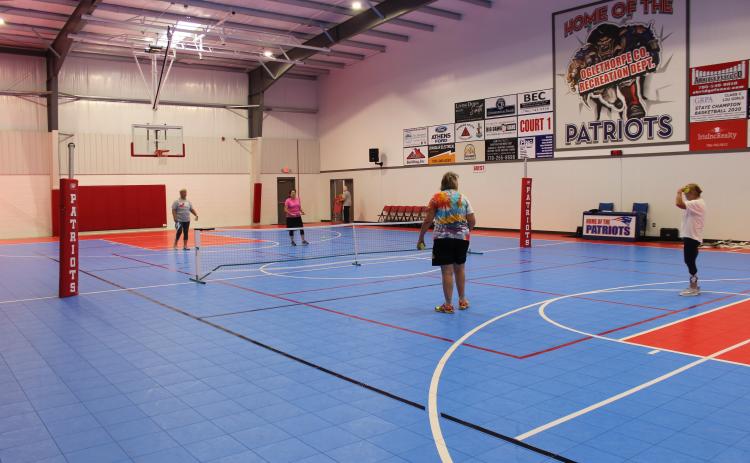 Pickleball players take the court earlier this week at the Oglethorpe County Recreation Department. The group plays as often as four mornings a week in the new gym. (Photo/Mackenzie Tanner)