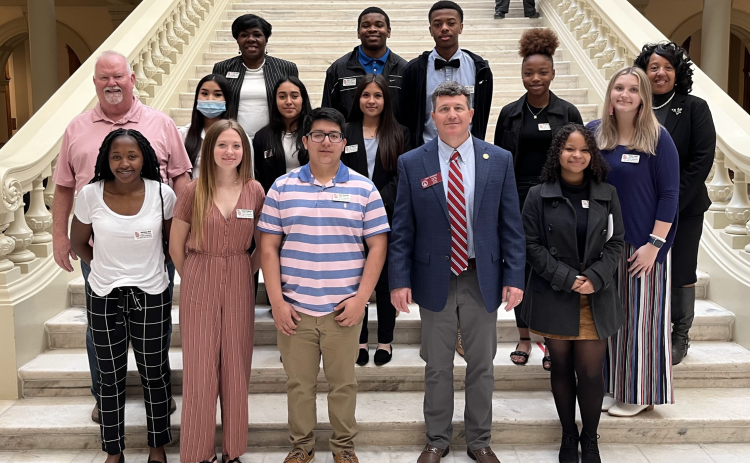 The Oglethorpe County Student Ambassadors posed for a photo on a recent trip to the state Capitol. Bottom row (from left): Aariana Bell, Cassie Roberts, Juan Delgado, State Rep. Trey Rhodes and Nyah McAphee. Middle (from left): Dale Blalock Sha Eh Paw, Genesis Palma, Araceli Padilla-Graciano, Breanna Crowder, Sydney Sniff and Marilyn Huff-Waller. Top (from left): Dr. Veronica Hunter, Darryl Jackson and Javaun Pittard. (Submitted Photo)