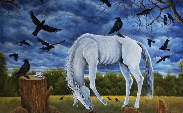 An original painting by Cheryl Washburn titled "Corvid-19" is a depiction of the artist's difficulties during the height of the pandemic. Washburn's work will be featured at the Art Crawl in Lexington on Saturday. (Submitted Photo)