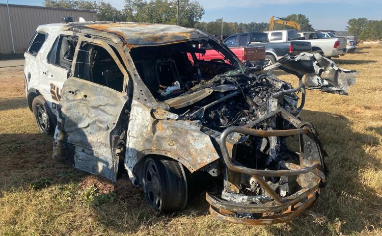 Oglethorpe County Sheriff’s Office Deputy Kevin Wright’s patrol SUV is at the county maintenance shop after last week’s single-car accident on Arnoldsville Road. (Photo/Dink NeSmith)