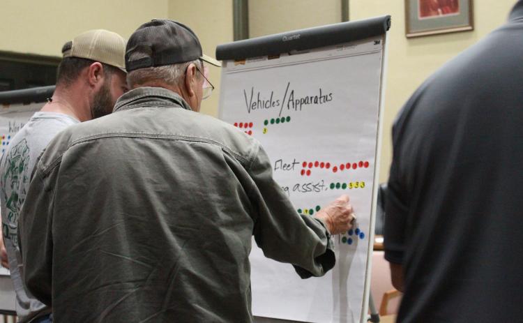 Firefighters place numbered stickers on large pads of paper to indicate their station's priorities during a meeting in the Oglethorpe County courthouse in Lexington, Georgia, on Monday, Oct. 17. (Photo/Emily Garcia)