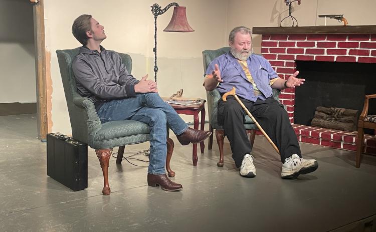 (RAMON ELORTONDO/THE OGLETHORPE ECHO) Cast members Wyatt Herndon (Porter Milgrim) and Dave Bloyer (Sidney Bruhl) practice a scene for Arts!Oglethorpe’s production of "Deathtrap” this month.