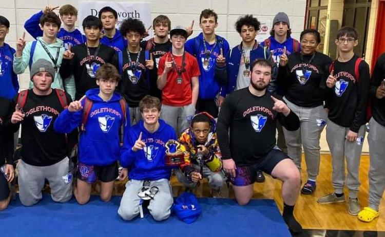 (Photo/The Oglethorpe Echo) The OCHS wrestling team poses after receiving medals for the match. The Patriots finished fourth in duals and looks to carry that momentum into the Class A Traditional Championships this weekend.