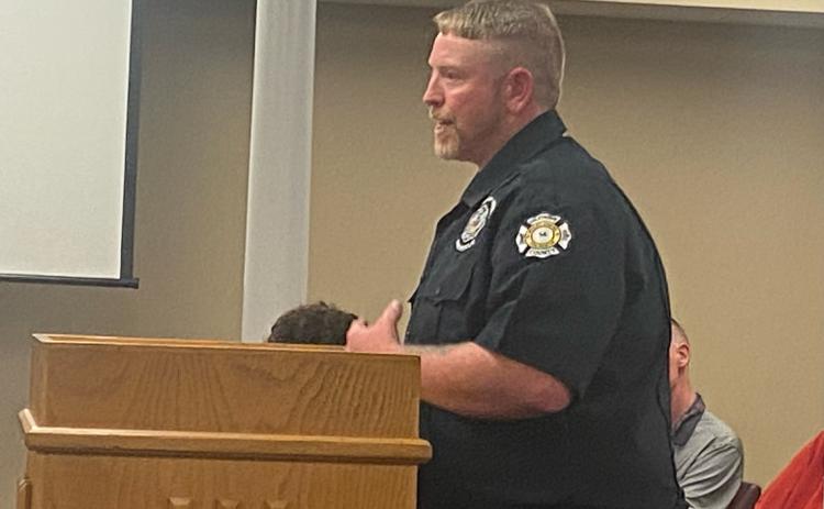 Chris Dickens, the chief of the Wesley Chapel Volunteer Fire Department, speaks to the Oglethorpe County Board of Commissioners on Monday. The commission approved his request for the department to be independent. (DINK NESMITH/THE OGLETHORPE ECHO)