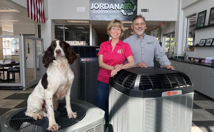 Carolyn and Donnie Jordan, with their dog Alice, moved Jordan Air to downtown Crawford in 2018. It has become one of Oglethorpe County’s largest private employers. (JESSE WOOD/THE OGLETHORPE ECHO)