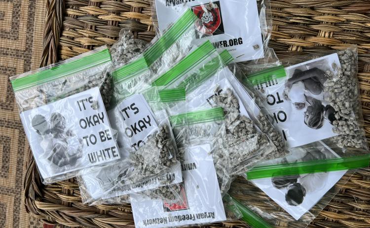 Bags filled with hate messages and weighed down by wood pellets have been found in driveways around Lexington and other parts of the county. (SUBMITTED PHOTO)