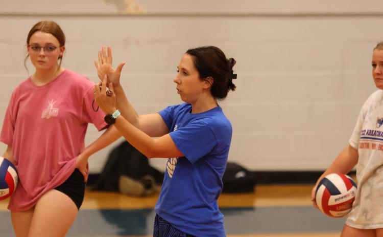 Brianne Harrison leads practice earlier this week in her first season as Oglethorpe County’s volleyball coach. She previously coached at the middle school. (LANDEN TODD/THE OGLETHORPE ECHO)