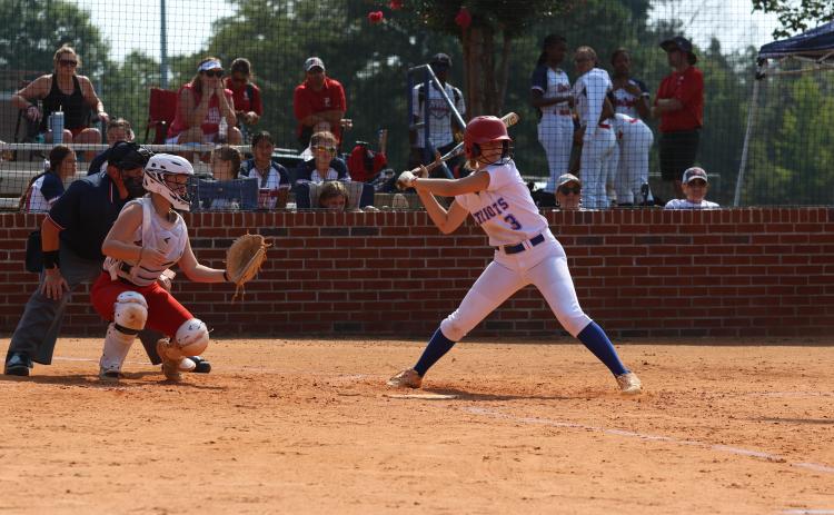 Junior Carlee Gibson waits on a pitch during Oglethorpe County’s 7-5 loss to Lincoln County on Saturday. The Patriots came back with a 13-1 win over Putnam County as Gibson got the win with five strikeouts and allowing only four hits. (LANDEN TODD/THE OGLETHORPE ECHO)