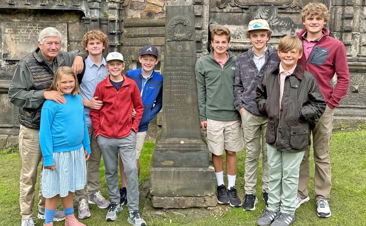 One of my goals for the United Kingdom trip was for our grandchildren to visit the graves of some of our “Nasmyth” ancestors in Scotland. Standing with me, from left, are Stella NeSmith, 9; Hayes Wilson, 16; Smith Wilson, 10; Fenn NeSmith, 12; William NeSmith, 14; Henry Wilson, 14; Bayard NeSmith, 11; and Wyatt Wilson, 19. Several Nasmyths are buried in Edinburgh’s Greyfriars Kirkyard cemetery. (SUBMITTED PHOTO)