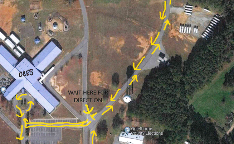 The arrows on this image show the revised car-rider line at Oglethorpe County Elementary School, which was to take effect on Wednesday afternoon. (SUBMITTED PHOTO)