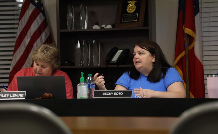 CASSIDY HETTESHEIMER/THE OGLETHORPE ECHO Oglethorpe County School Superintendent Beverley Levine (left) and Becky Soto, chair of the Board of Education, discuss the 2023 Georgia Milestones scores and other business at a meeting on Tuesday night. The Board of Education will host two public hearings about the millage rate on Friday, Sept. 8.