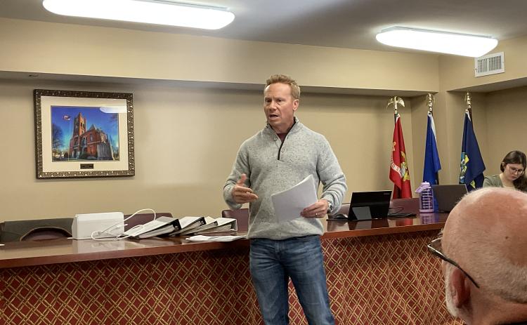 Andy Barrs proposes a mixed-use development project in Arnoldsville at the Oglethorpe County Economic Development Authority meeting last month. The Arnoldsville City Council voted to turn down the project. (Photo/Margaux Binder)