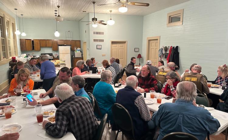 Members of the Maxeys Community Club had supper and listened to guest speaker Sheriff David Gabriel at their meeting on Feb. 1. About 35 members and guests attended this month’s meeting, the club’s first with a speaker since the pandemic. (Photo/Tyler Lary)