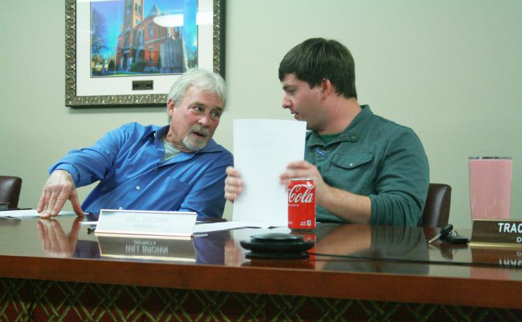 Will Brown (right) chats with fellow Oglethorpe County Commissioner Howard Sanders during a meeting. Brown is running unopposed for his second term from District 4. (ASHLEY BALSAVIAS/THE OGLETHORPE ECHO)