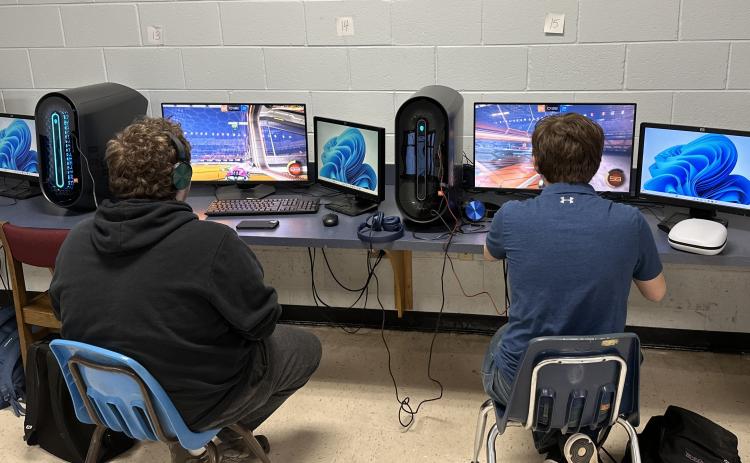 Members of last year’s esports club practice their skills in the computer science lab. The computers, dual monitors, keyboards and computer mice were paid for by grant funding and also allow for a game design class. (Submitted Photo/The Oglethorpe Echo)