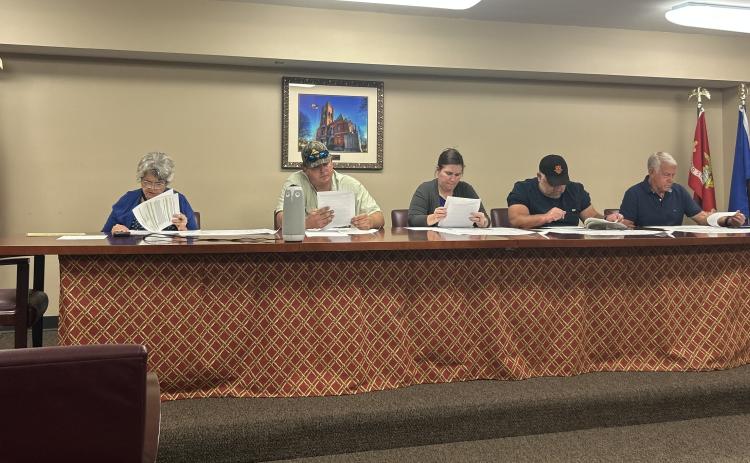 Oglethorpe County zoning board members Janet Hill (from left), JF Hansford, Morgan Robinson, Robert Drew and Jimmy Shealy call the September zoning board meeting to order. The board discussed a request to subdivide land on Morgan Road in Comer. (Chloe Beaver/The Oglethorpe Echo)