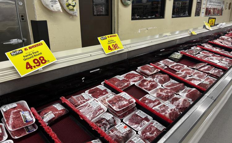 Beef products on sale at B&T grocery store in Lexington, GA on Aug. 23, 2025. Oglethorpe County is feeling the affects of rising beef prices nationwide (Photo/Jacob Harper).