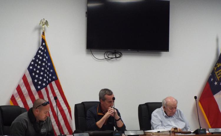 Arnoldsville Mayor Danny Morcom (right), shown with council members Joel Kriner (middle) and Blake Arnold, would like to create plaques to recognize each of the city’s previous mayors. (Luis Vaquero/The Oglethorpe Echo)